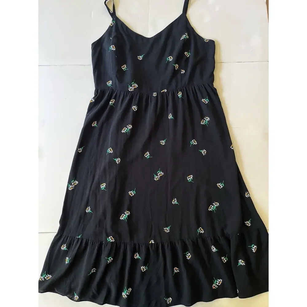 Old Navy Cami Midi Dress XL Black Daisy Print Ruffled Smocked Lightweight - Picture 2 of 10